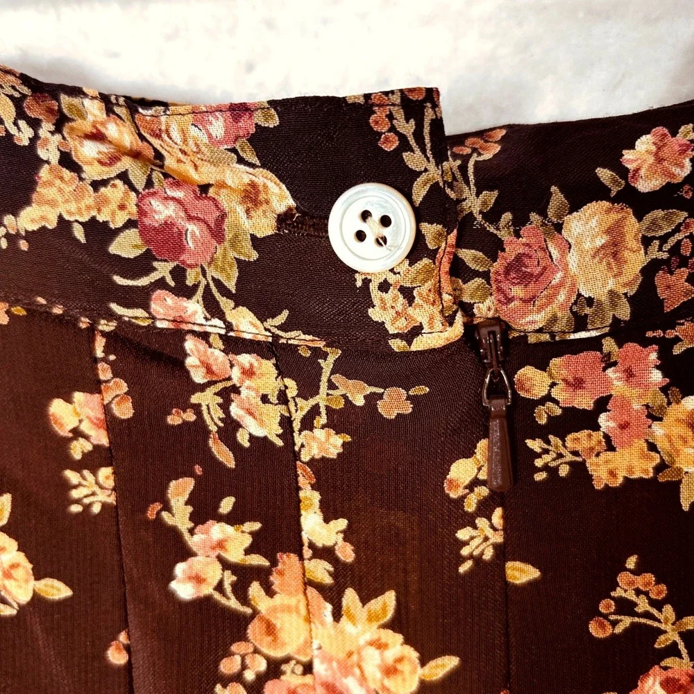 Banana Republic Vintage 90s Floral Pleated Rayon Skirt Brown Pink Womens‎ 8